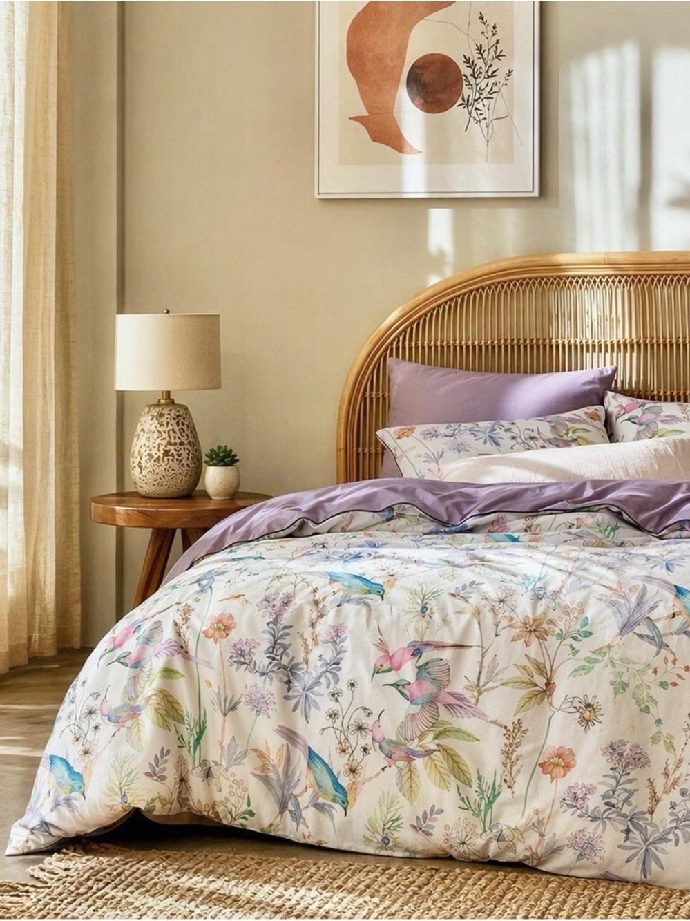 NEW Anthro Purple Floral Bird Boho Cotton Queen / King Bedding Duvet & Sham Set - Picture 5 of 13